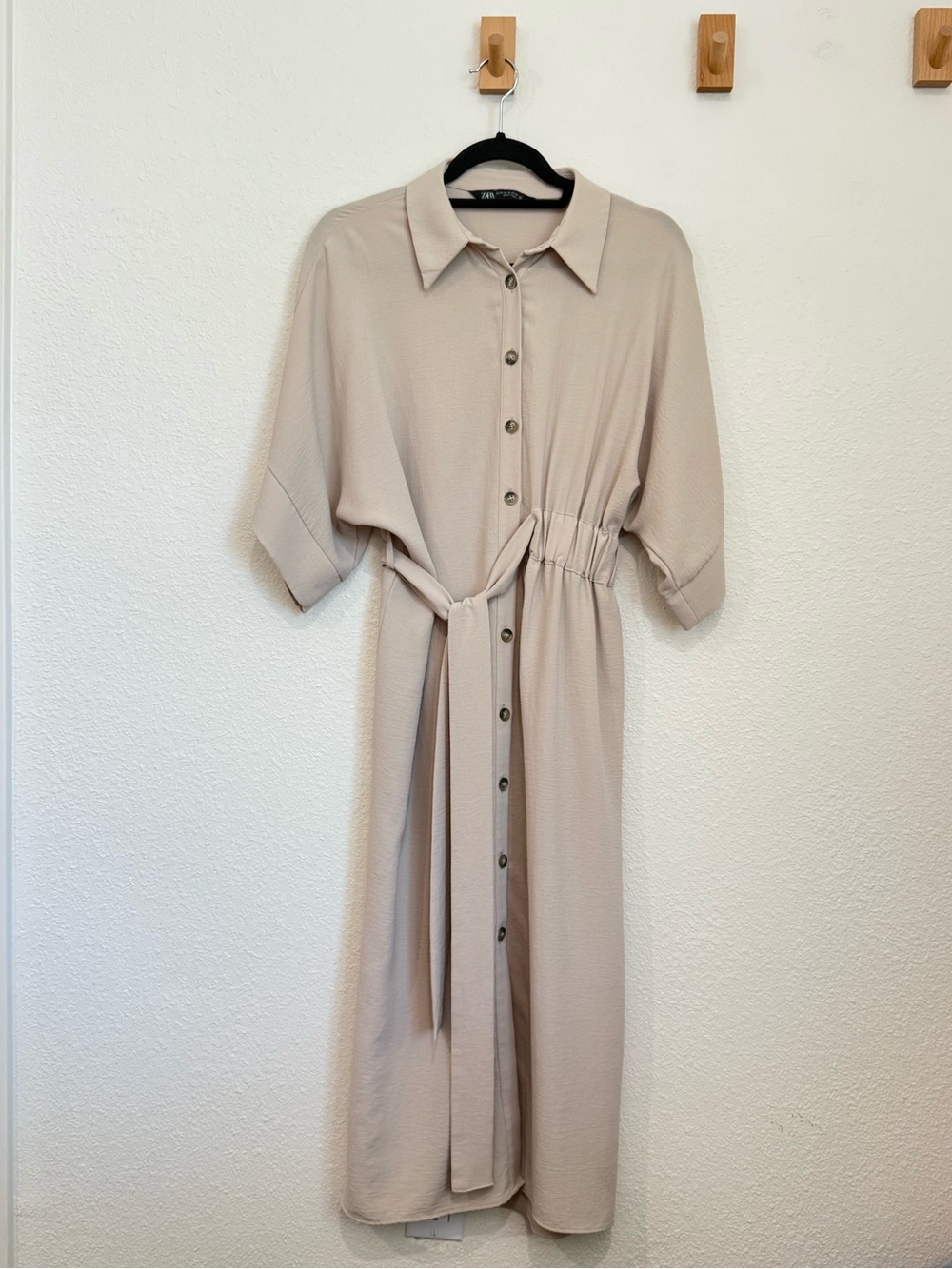 Zara Neutral Beige Button-Front Dress with Tie Waist